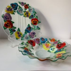 Andra DuRee Signed Fused Glass Dish Plate & Ruffled Bowl Floral Serving Set 1999